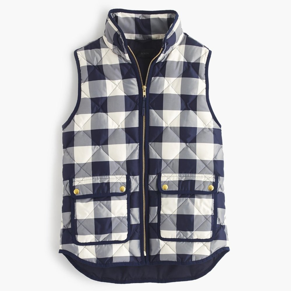 J.CREW Vest XS Buffalo Check Navy Gray Down Puffer
